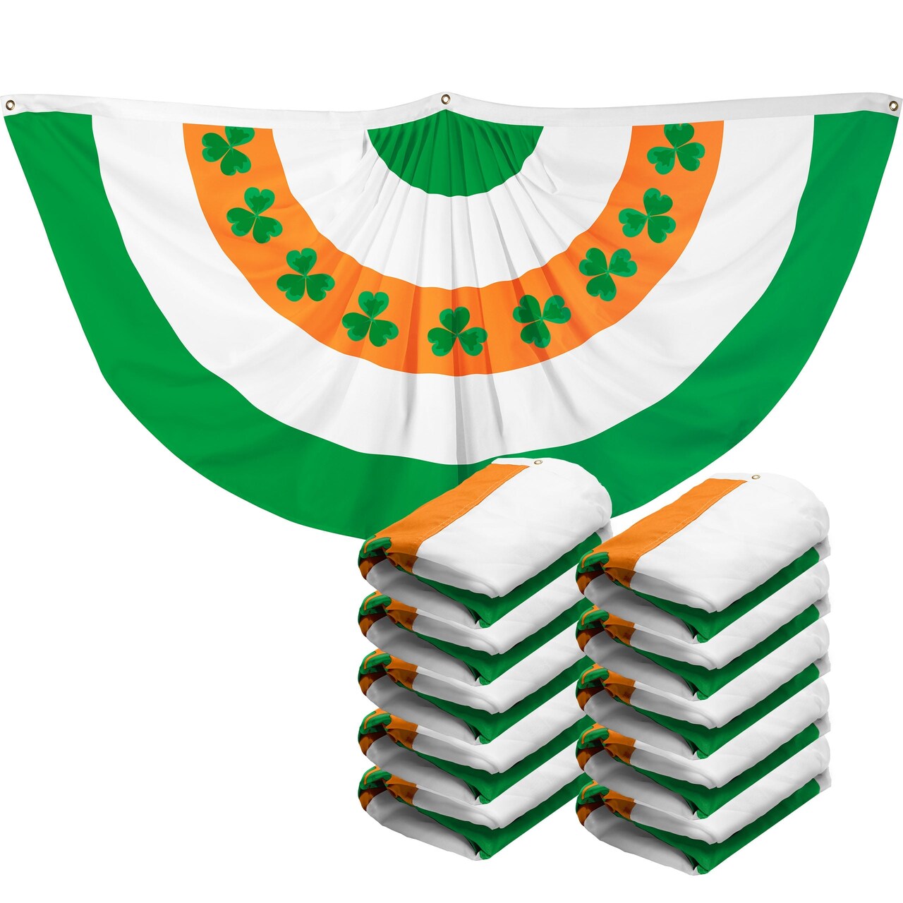 G128 10 Pack: Ireland Irish Shamrock Pleated Fan Flag | 1.5x3 Ft | Printed 150D Polyester | St. Patrick's Day Decor, Indoor/Outdoor, Vibrant Colors, Brass Grommets
